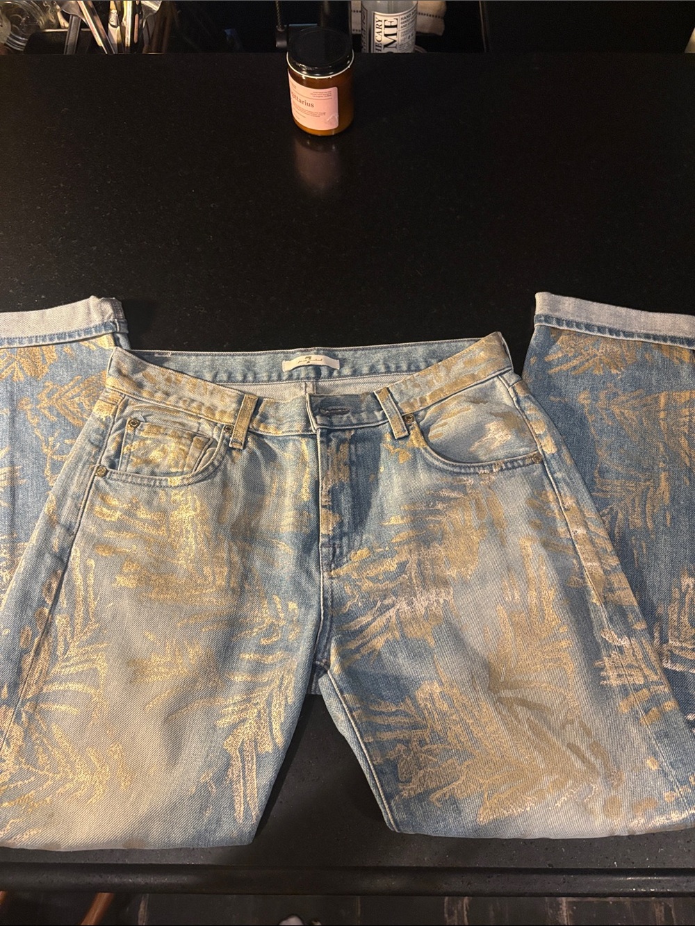 7 For All Mankind Metallic Gold Pattern Light Blue Jeans